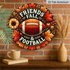 2D Flat, 1pc Round Aluminum Wall Hanging Ornament, "Friends Fall & Football" Sign With Football, Autumn Leaves Design, Country Farmhouse Style