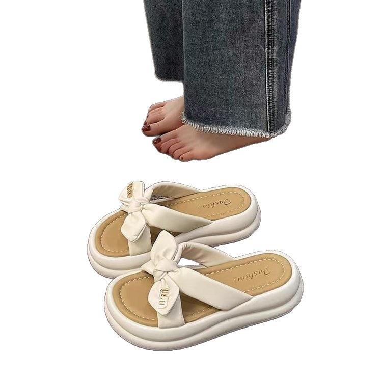 2025 Summer New Fairy Bow Slippers Women Wear Thick Bottom To Increase Height Casual Word Beach Sandals Soft Bottom