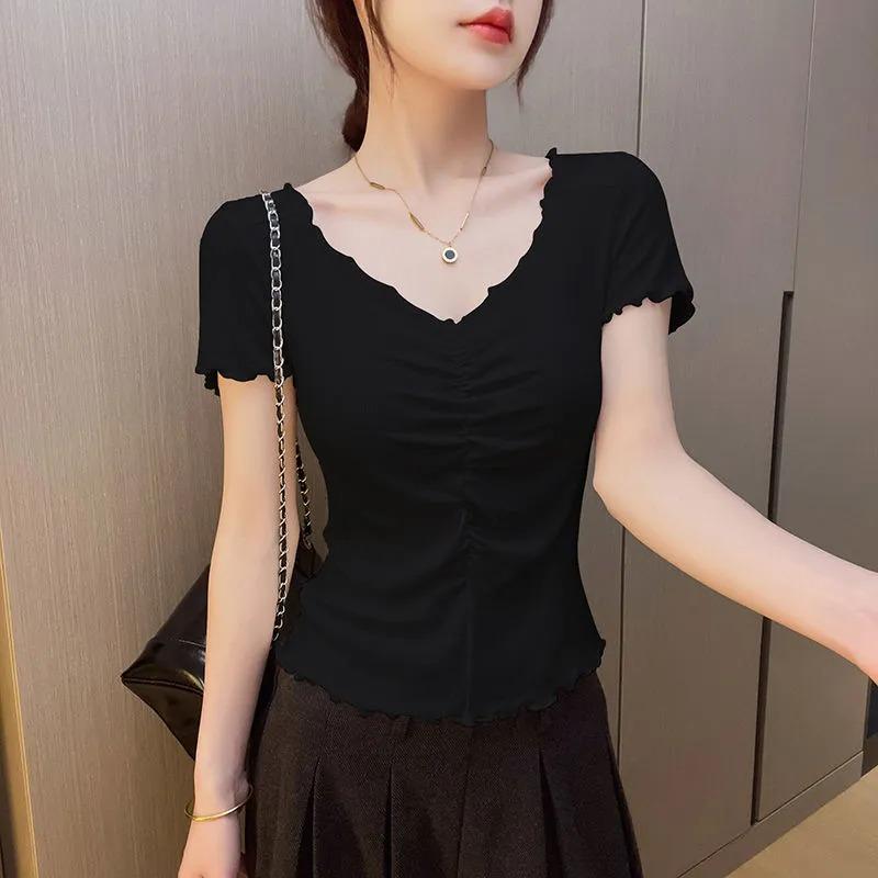 Damen gerafftes V-Ausschnitt T-Shirt Kurzarm Rüschenbesatz Slim Fit Lässiges Oberteil Einfarbig