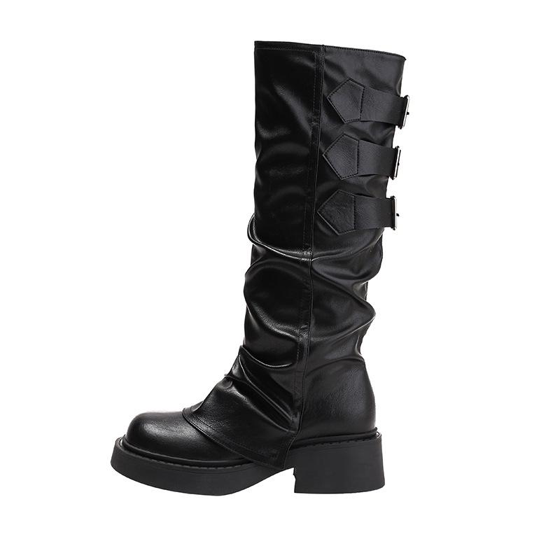 Maillard Black Boots Women's 2025 New Autumn and Winter Platform British Style Retro Boots Knight Pile Boots