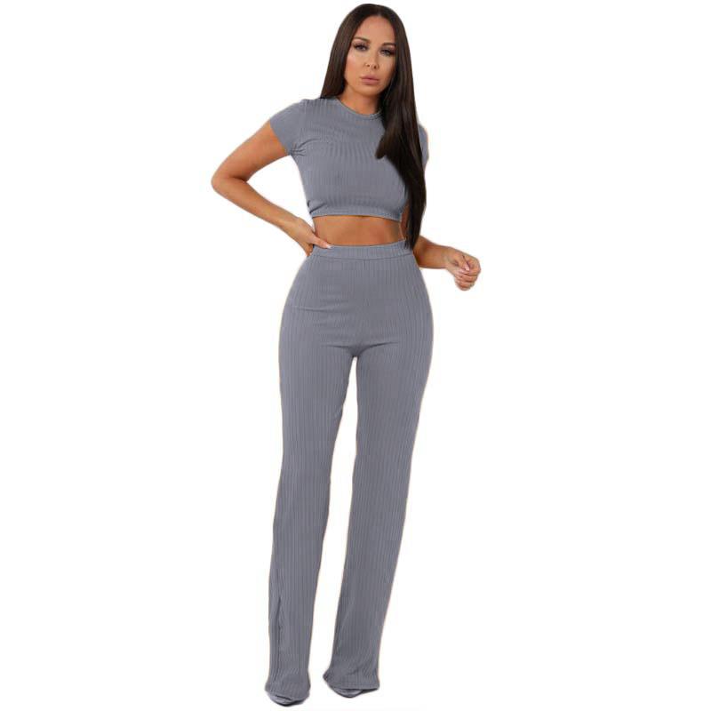 Women Ribbed 2 Pcs Set O Neck Crop Top 