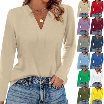 Women's Fashion Casual Lapel Short Long Sleeve Solid Color Shirt Women's V-Neck Tops