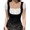 Women's T-shirt Tops, Short-sleeved Square Neck Design, Slim Stitching, Fake Two-piece Soft Tops Shirt