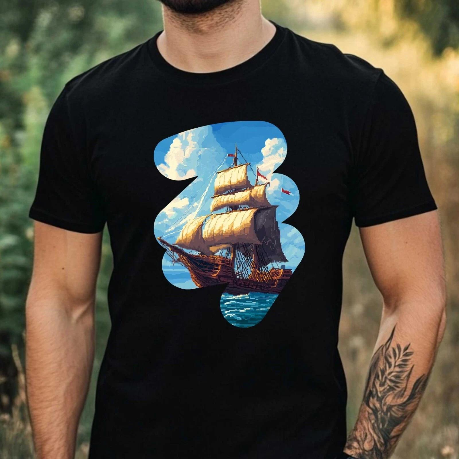 T-Shirt Herren Piratenschiff Pixel Art Motiv Baumwolle Größe XS bis 5XL XXL