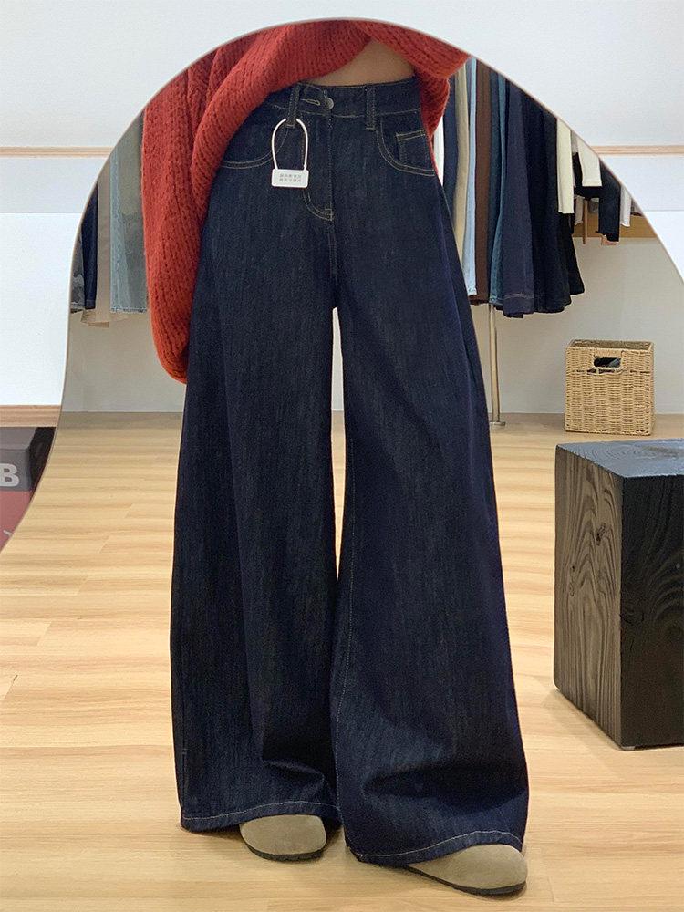 

Deep Blue Wide-Leg High-Waisted Jeans for Plus-Size Women - Slimming and Floor-Length Design for Autumn 2XL for 140-160 lbs