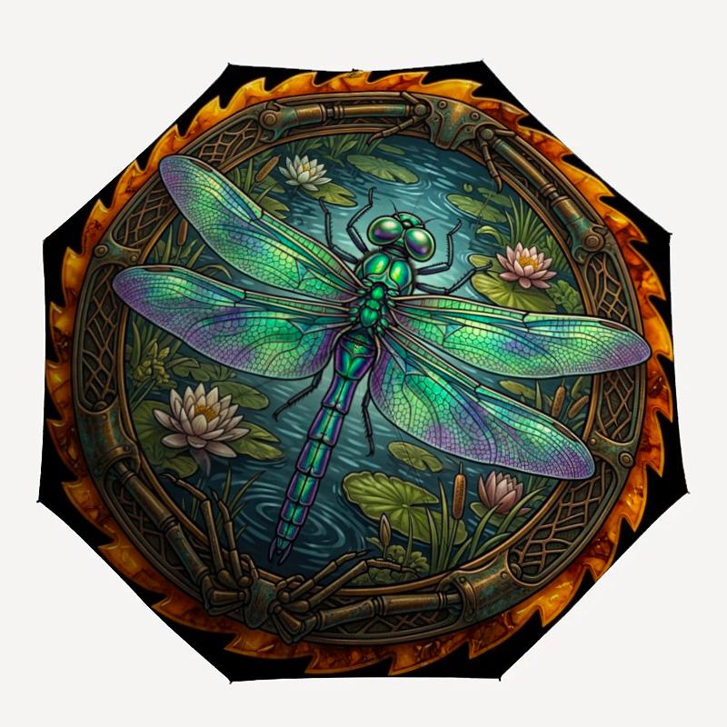 Dragonfly Pond Emblem pattern umbrella, portable and foldable design, 8 ribs, a casual accessory for Halloween, Christmas, and birthday gifts.