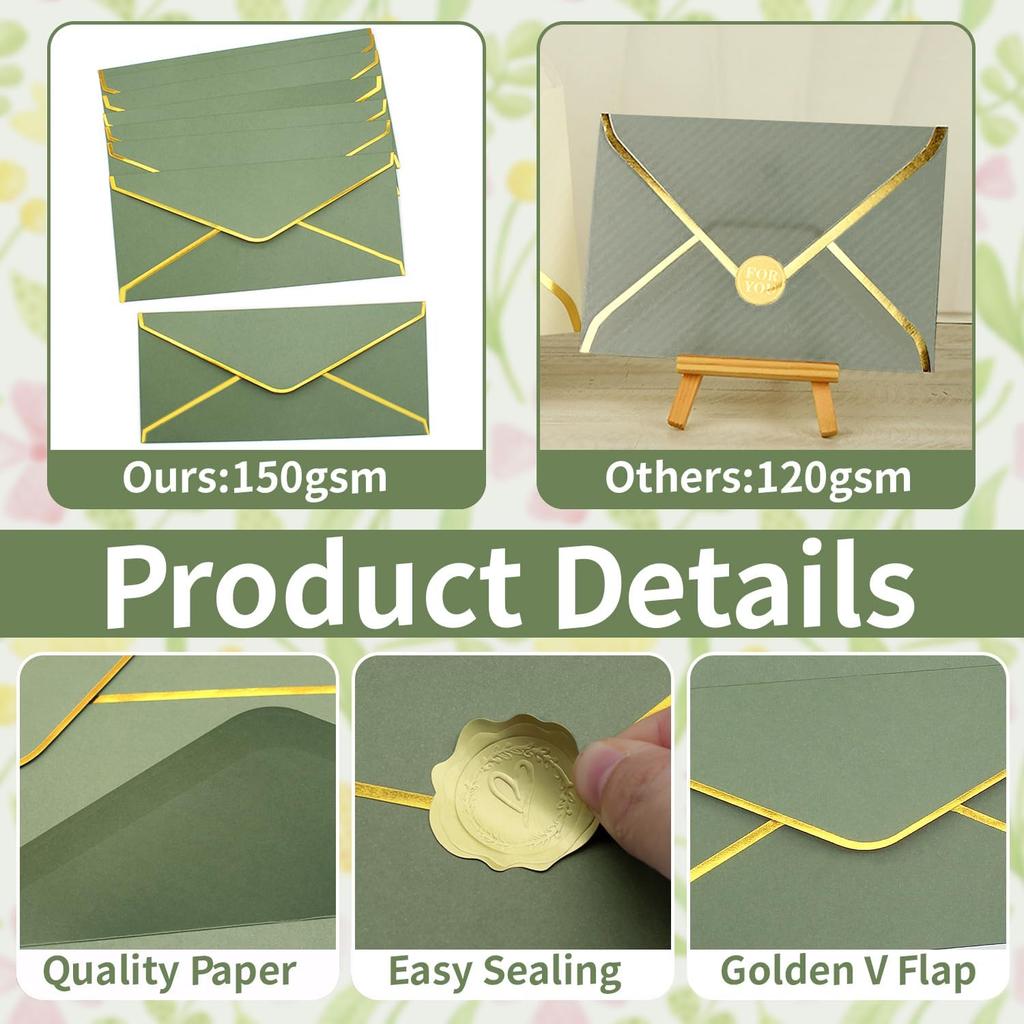 Business Envelopes with V Flap Gold Border 30 Pack #10 Envelopes Made of 150gsm Paper Standard Envelopes with Gold Stickers for Office Checks Lett