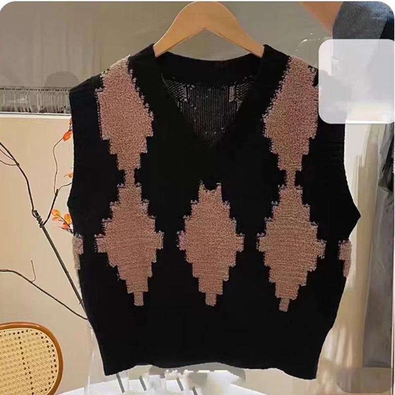 

Модный женский жилет свободного кроя с V-образным вырезом и принтом аргайл, весна и осень 2025, без рукавов, элегантный вязаный пуловер, майки, женская одежда One size