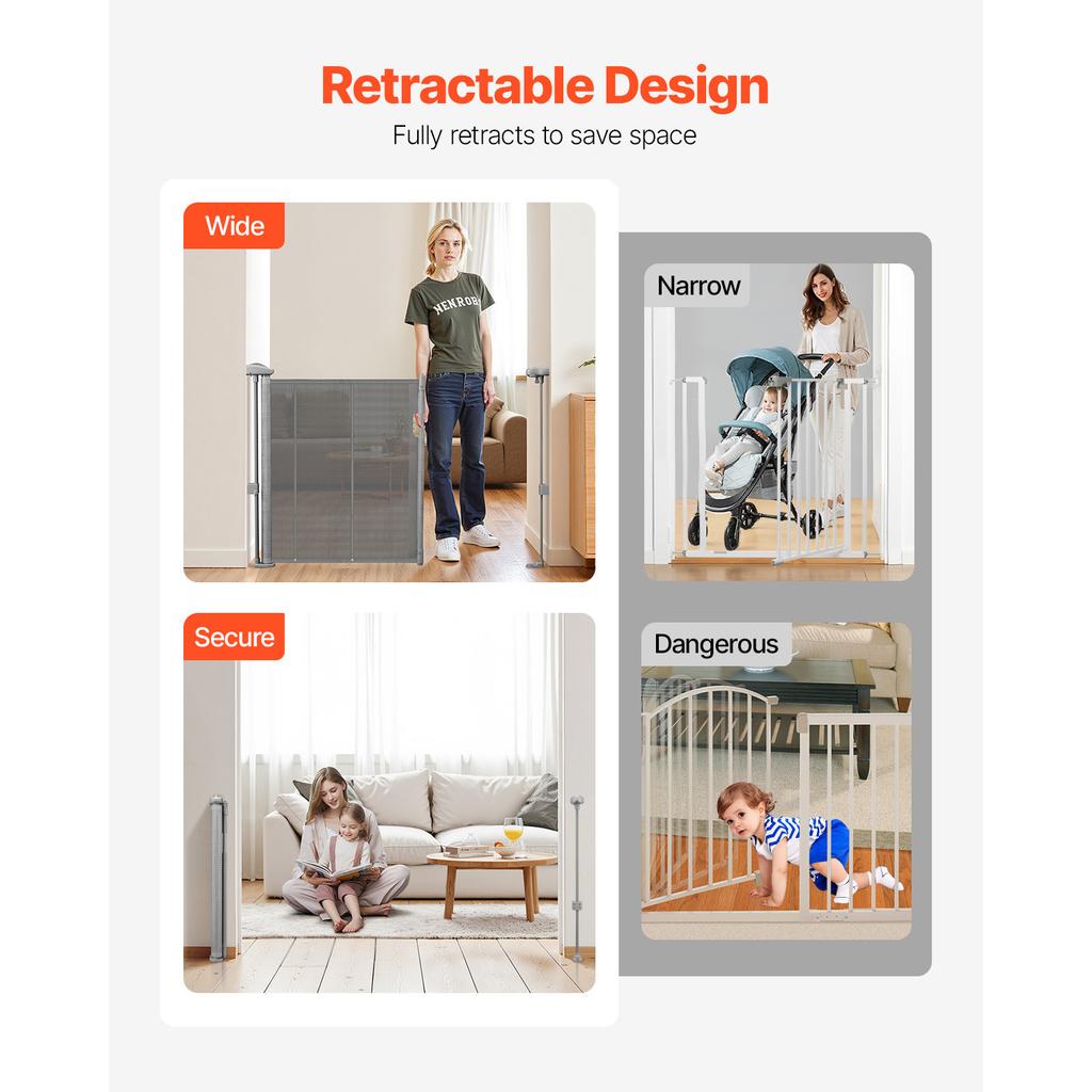 SucceBuy 55/71/110in Retractable Baby Gate 34in Tall Extends Wide Retractable Gate for Kids Pets Mesh Material Easy To Install