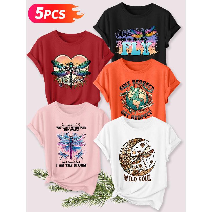 Five-piece set Elegant short-sleeved shirt for women Heart, Moon, Earth, Watercolor Dragonfly, English Slogan Combination Print, Round Neck, Women's