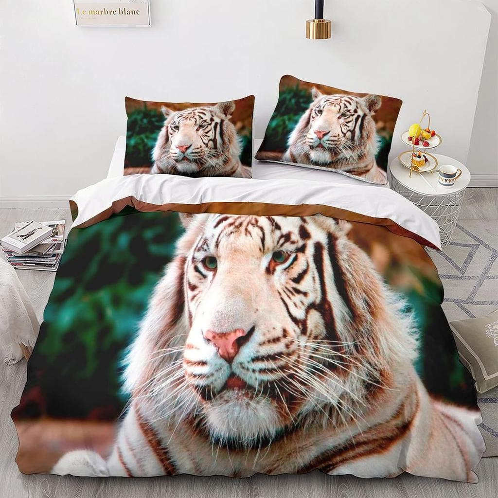 Tiger 3 Piece Printed MicrofibreSet for Kids Boys, 3D Duvet Cover Bedding White Tiger Set 3D Printed Quilt Cover with Pillowcase