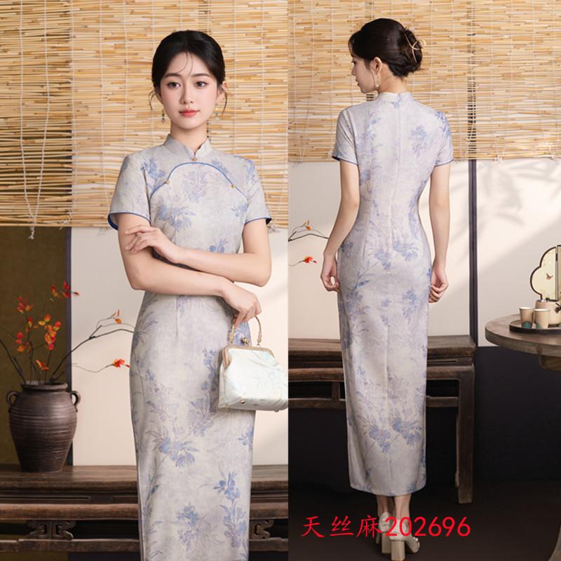 New Chinese-style young long Tencel hemp short-sleeved cheongsam 1011 summer new slim and thin new national style dress