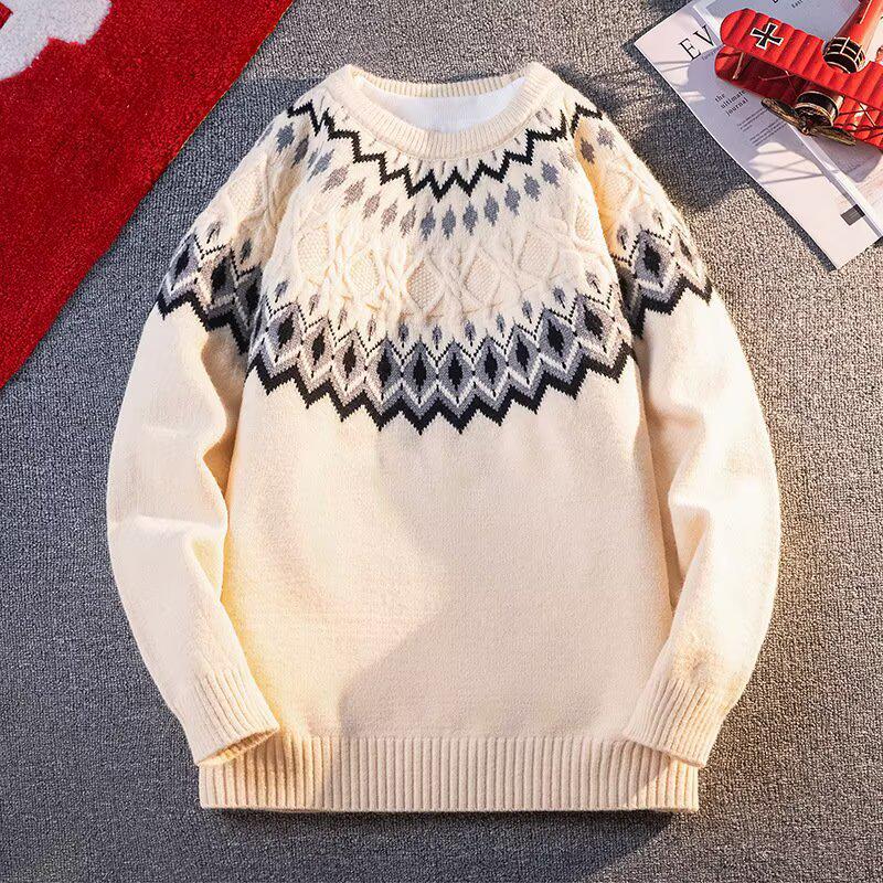 Men s Fair Isle Cable Knit Crew Neck Sweater - Autumn/Winter Lazy Style Versatile Knit Top L