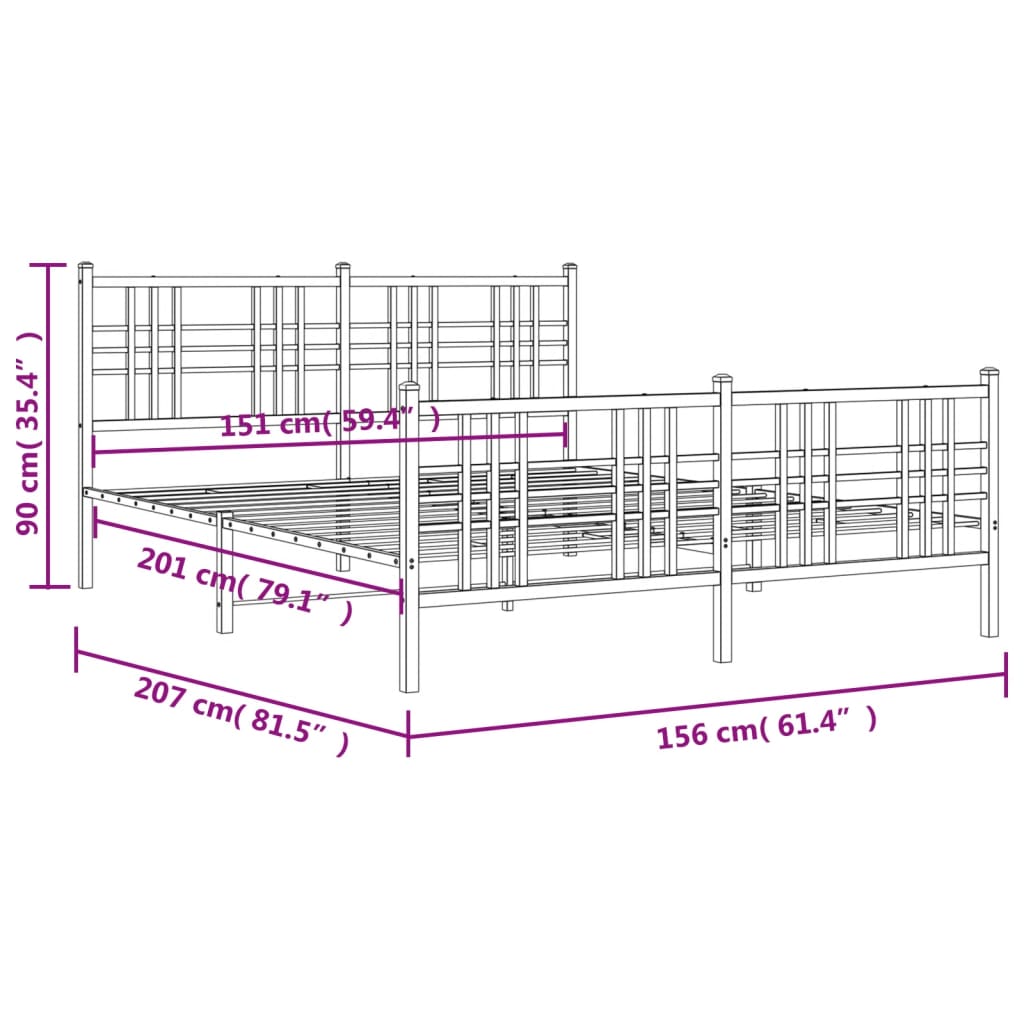 Metal Bed Frame with Headboard and Footboard Black 150 X 200 Cm