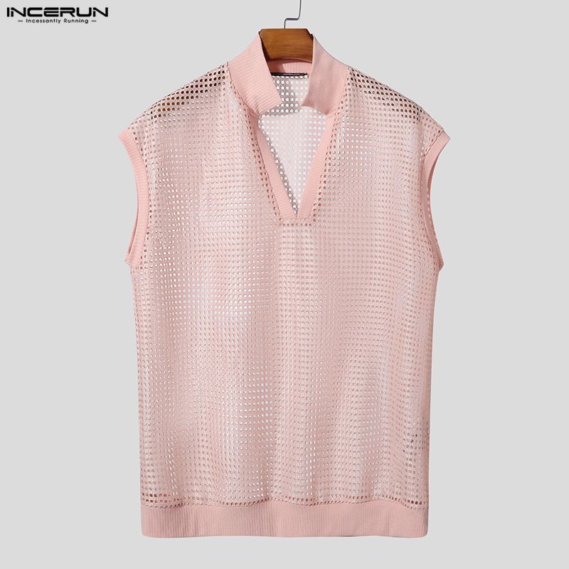 INCERUN Herren V-Ausschnitt Ärmellos Netz Durchsichtig Hohl Gurtband Tanktops
