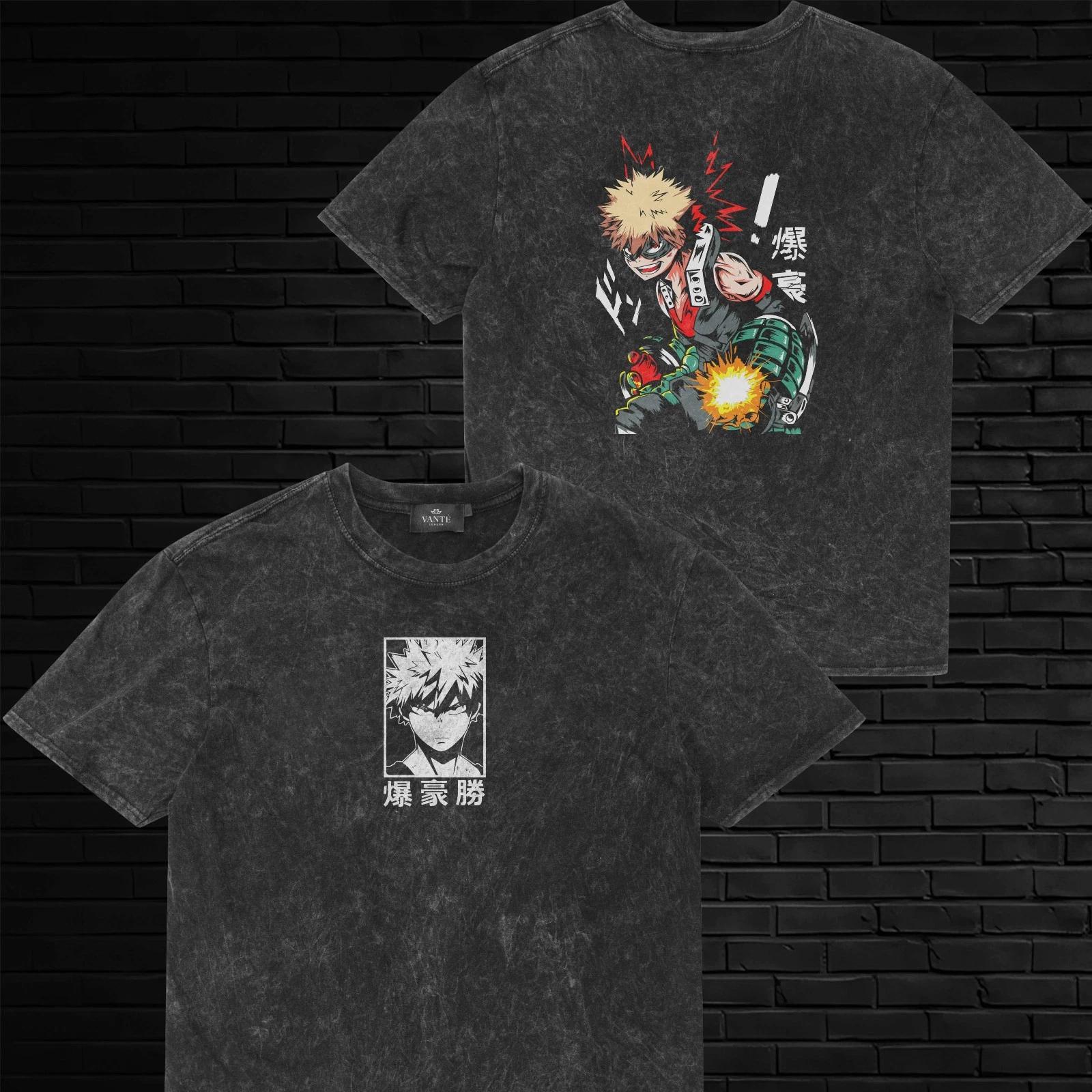 Katsuki Bakugo T-Shirt Acid Wash Streetwear Powerful Hero Graphic Tee Mens Gift 2XL