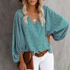 Summer V Neck Printed Lantern Sleeve Loose Fit Shirt