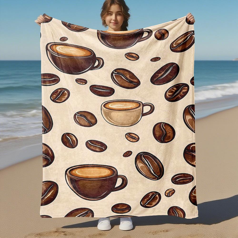 1pc Coffee Beans Coffee Cups Outdoor Flannel Blanket Soft Warm All-Season Throw for Sofa Bed Car Camping Office, Cozy Gift Idea1253S