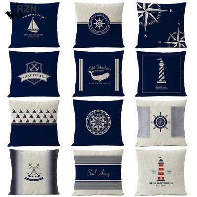Azul Marino Brújula Ancla Funda de Almohada Náutica Concha Pescado Lino Funda de Almohada Decorativa para el Hogar Cubierta de Cojín Mediterráneo