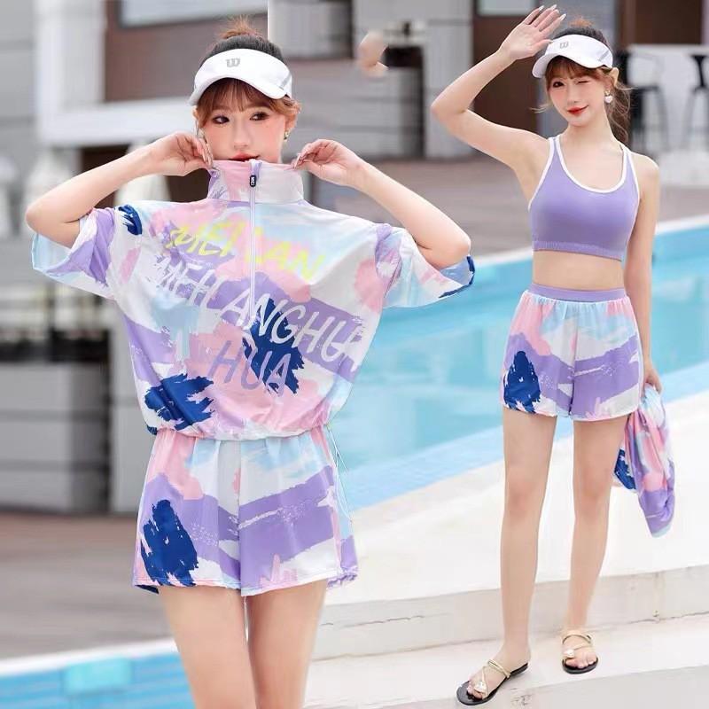 Tengchuang Badeanzug Damen Geteilter Boxer Sport Drei-teilig Kurzarm Sonnenschutz Mädchen Bauchbedeckend Schlankmachende Bluse Konservativ Schnelltrocknend