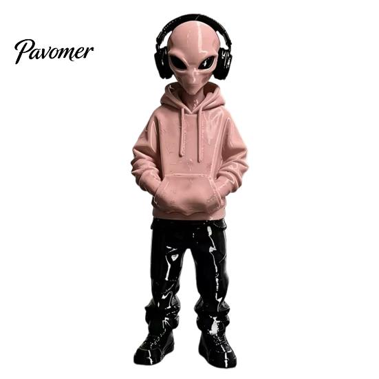 Collectible Alien Art 3D Printed Figurine with Hoodie And Headphone, Trendy Desktop Aesthetic Room Embellishments Ornament, Cyber Style Statue