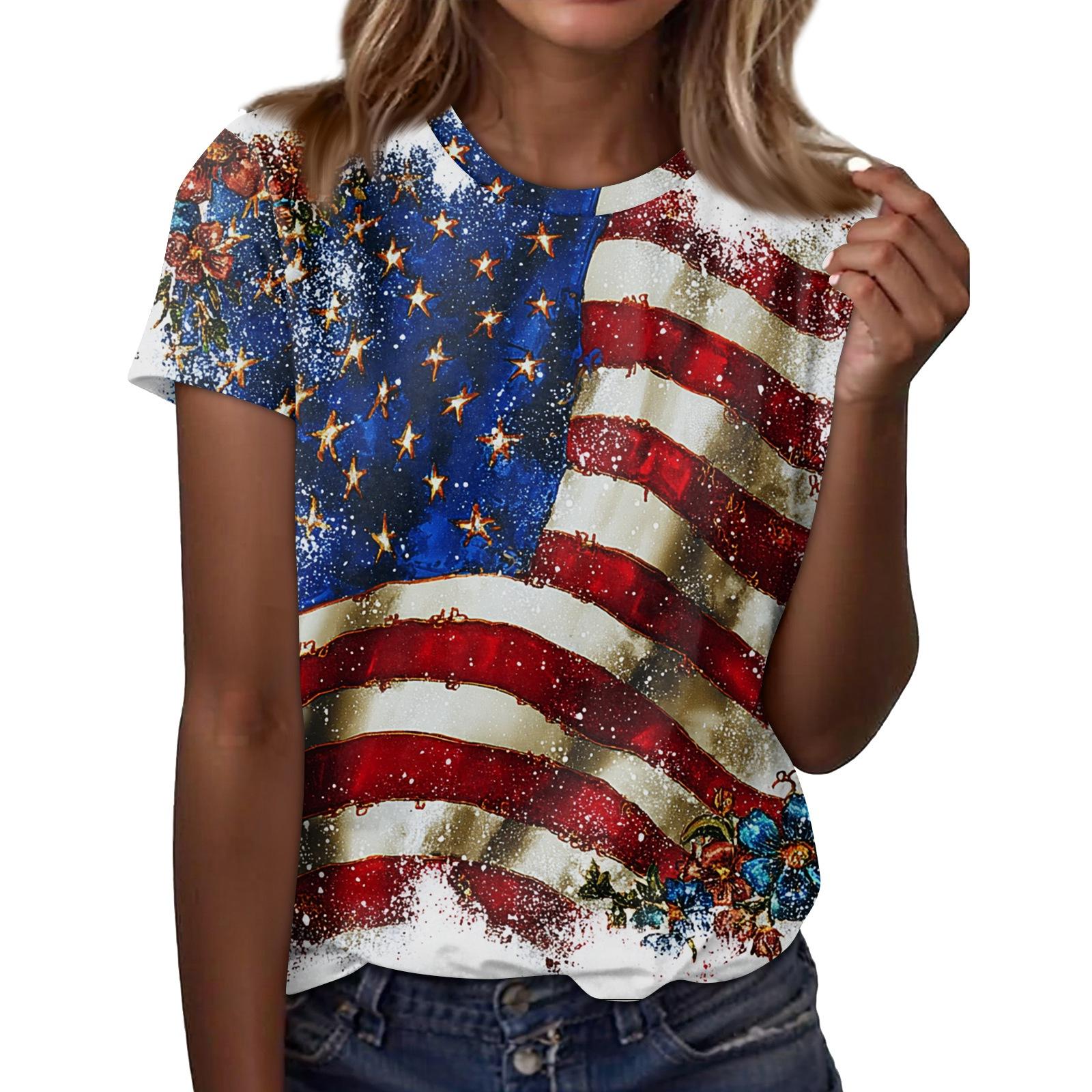 Women s Round Neck Independence Day Print Lightweight Spring/Summer Top L синий