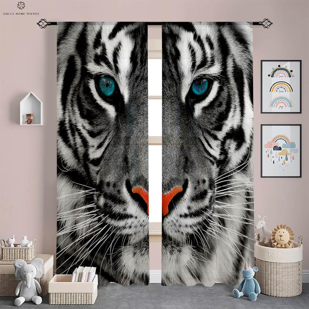 Tiger Cheetah Animal 3D Printing Curtains, Polyester Fiber, Bedroom, Living Room, Study, Kitchen, Window Decoration, 2 Pcs
