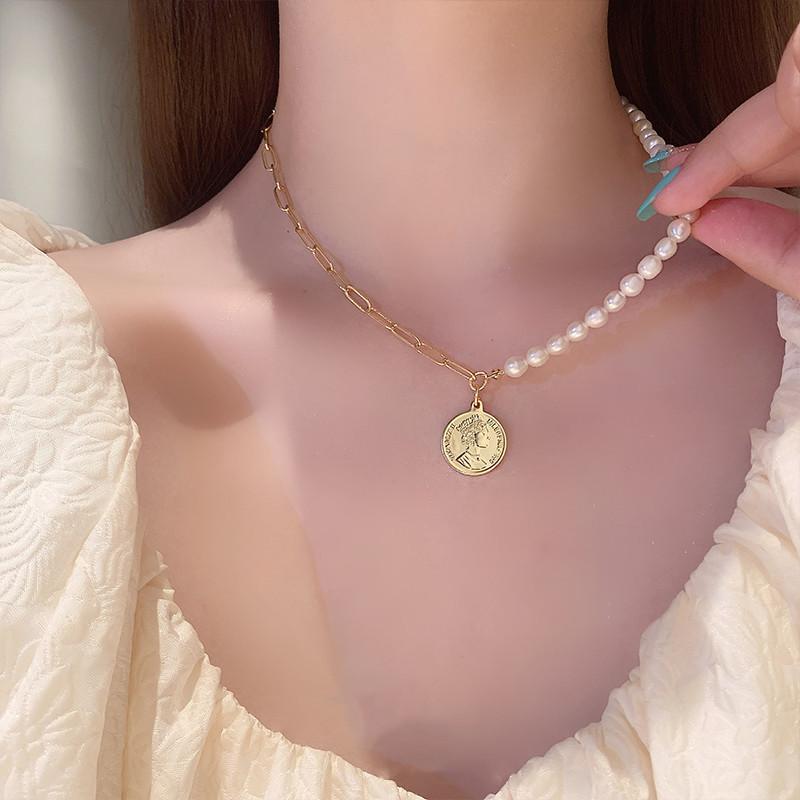 

Vintage Queen s Head Coins Design Natural Freshwater Pearl 14K Gold Filled Female Pendant Necklace For Women Chains Gift