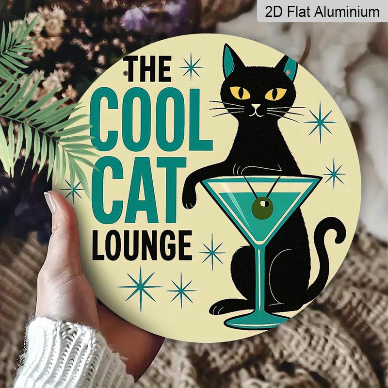 [Cool Cat Lounge Sign] 2D Flat, 2D Flat Metal Sign-The Cool Cat Lounge, Black Cat with Martini Glass Design, Yellow Background with Blue Stars