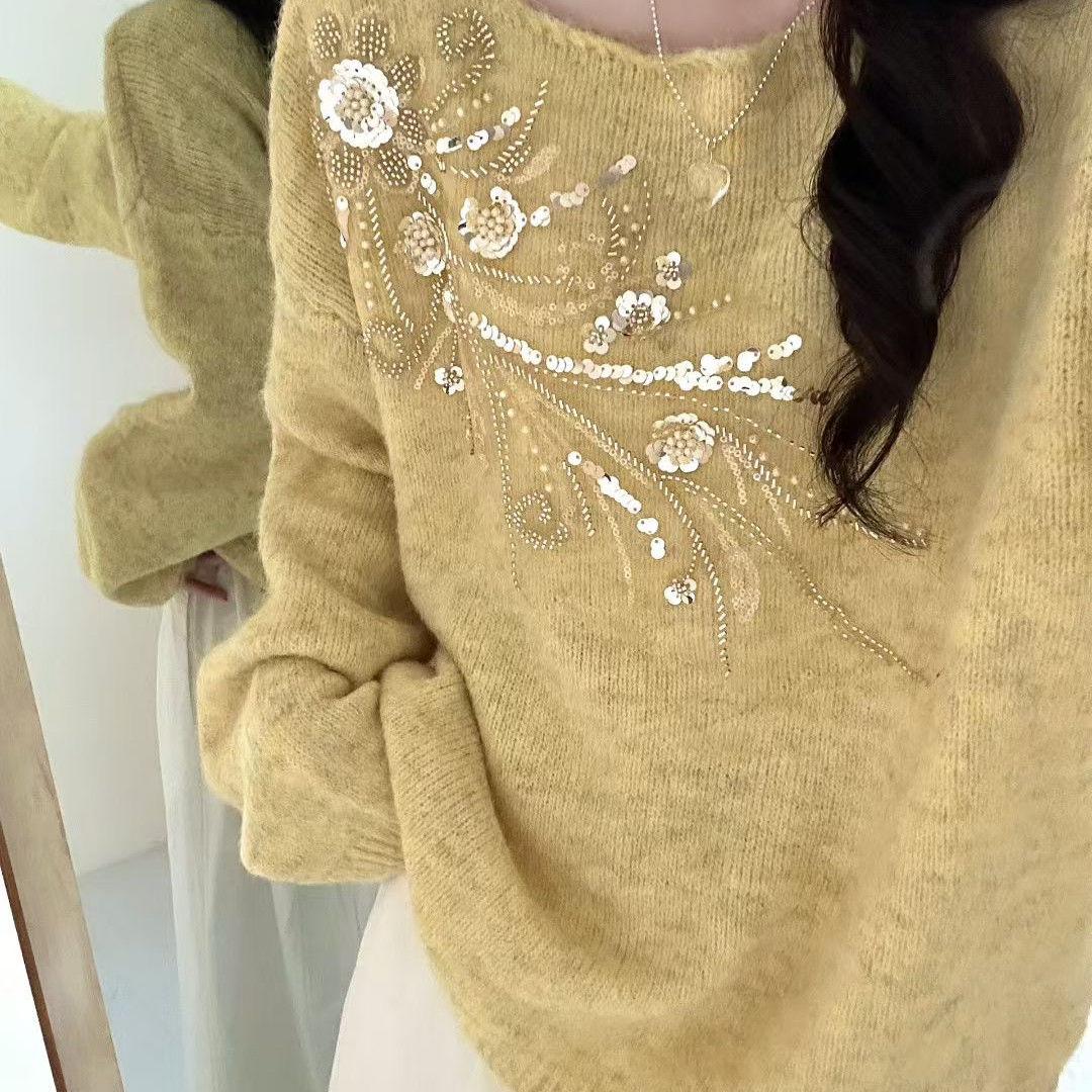 

Женский свитер с цветочным узором и пайетками, однотонный, корейский, нежный, с круглым вырезом, вязаный, осенняя мода, женский пуловер S жёлтый