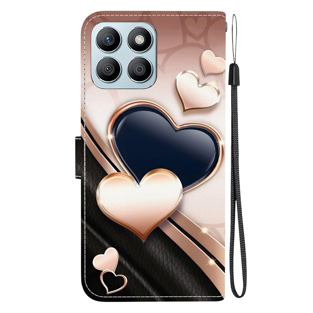 Handmade PU Leather Flip Case for Honor X8b Anti-Slip Shockproof Cover with Wrist Strap & Heart/Rose Cat Designs