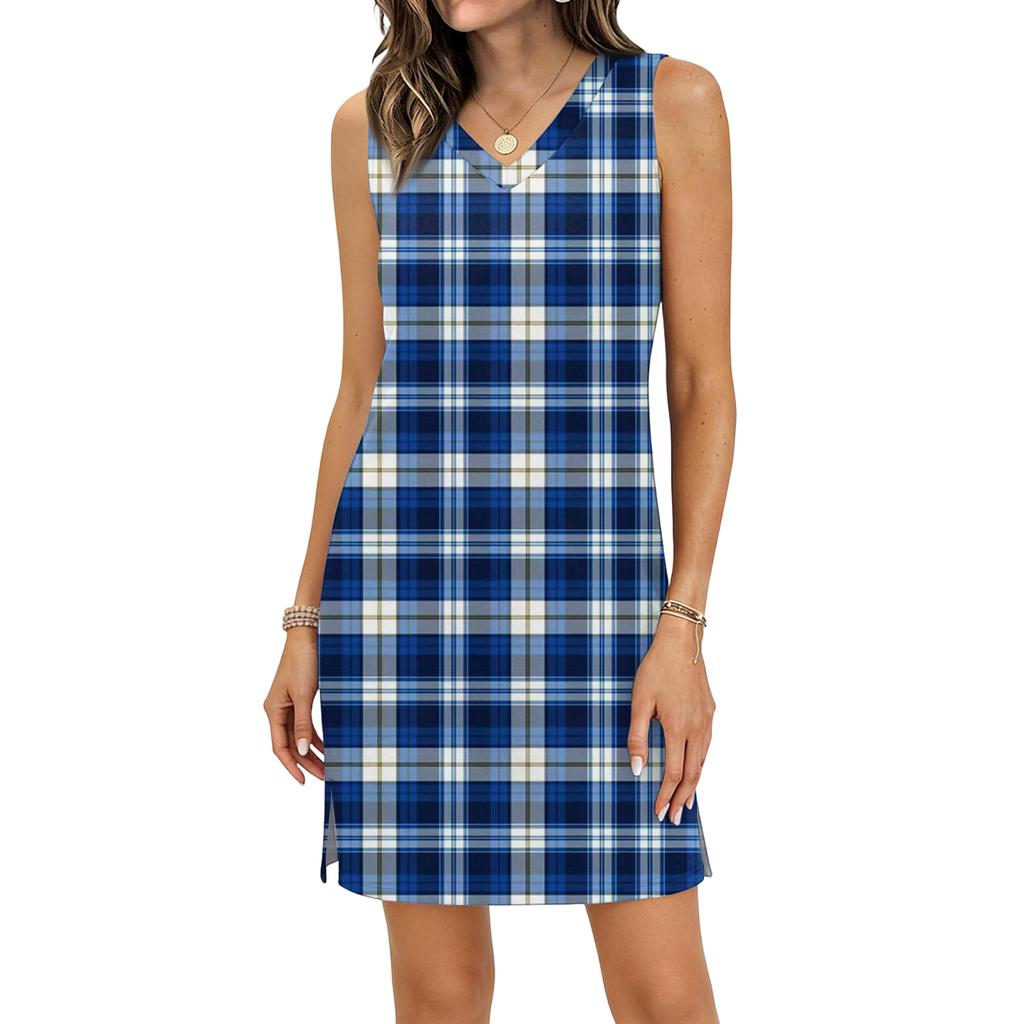 Women's Casual V-neck Sleeveless Split Hem Plaid Print Dress
