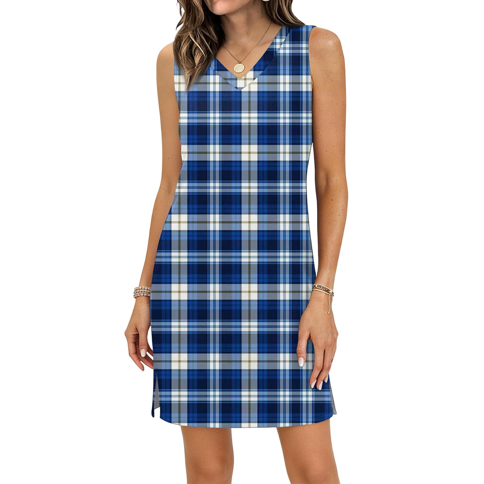 Women s Casual V-neck Sleeveless Split Hem Plaid Print Dress M синий