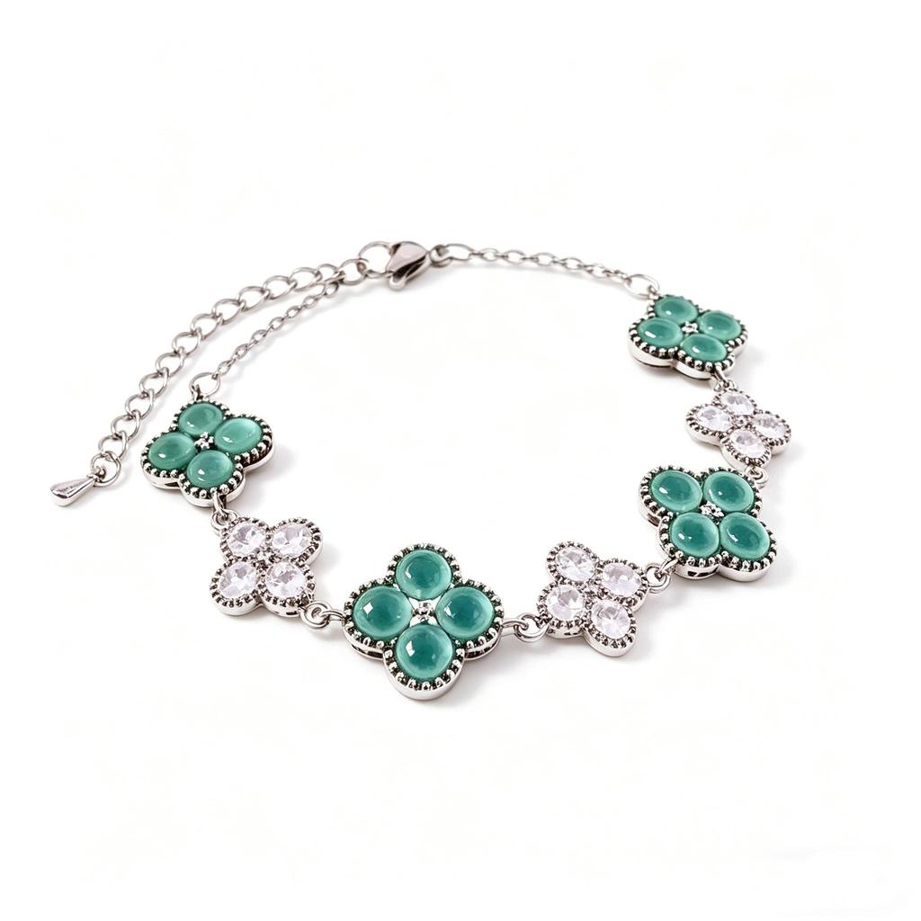 Clover Opal & Zircon Bracelet For Women, Silver-Tone Four-Leaf Clover Jewelry