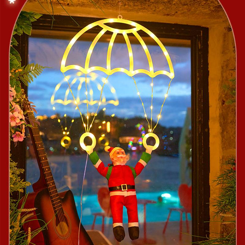 Christmas Parachute Light with Santa Claus 8 Mode Hanging Xmas Lamp for Roof Eave Porch Balcony Fence Tree Home Room Decor Light