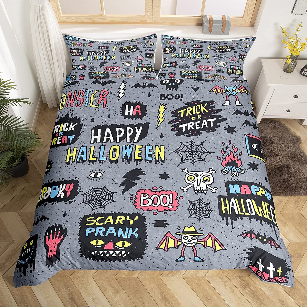 

Happy Halloween Duvet Cover Full Pumpkin Lantern Bedding SetTrick Or Treat Gothic Night Comforter Cover Horror Theme Room Decor EU Single(135x200cm)