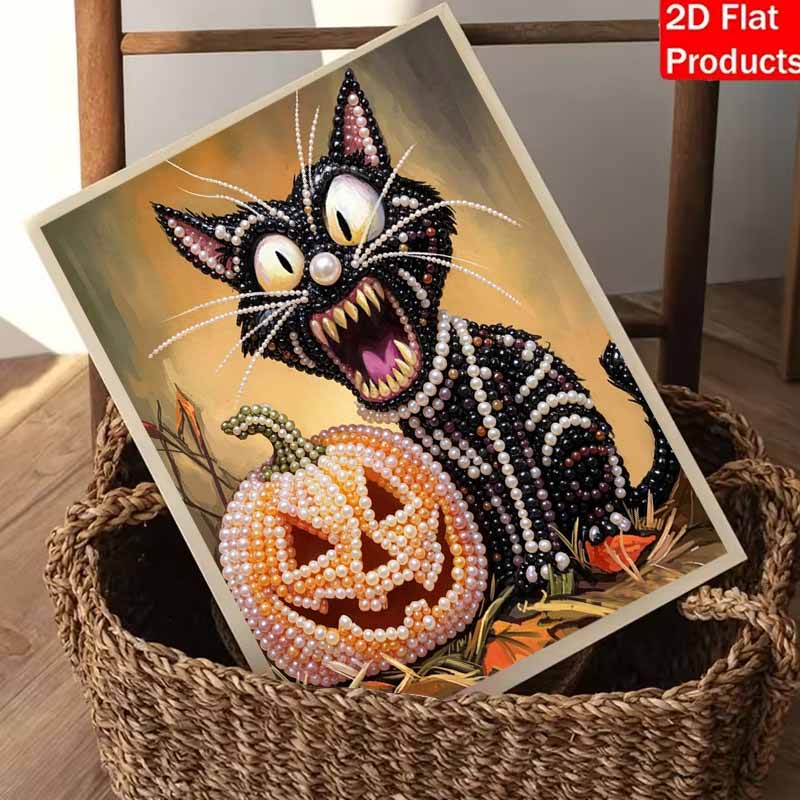 Halloween Black Cat Pumpkin Pearl Painting Art Full Pearl Handmade Diy Home Decorations