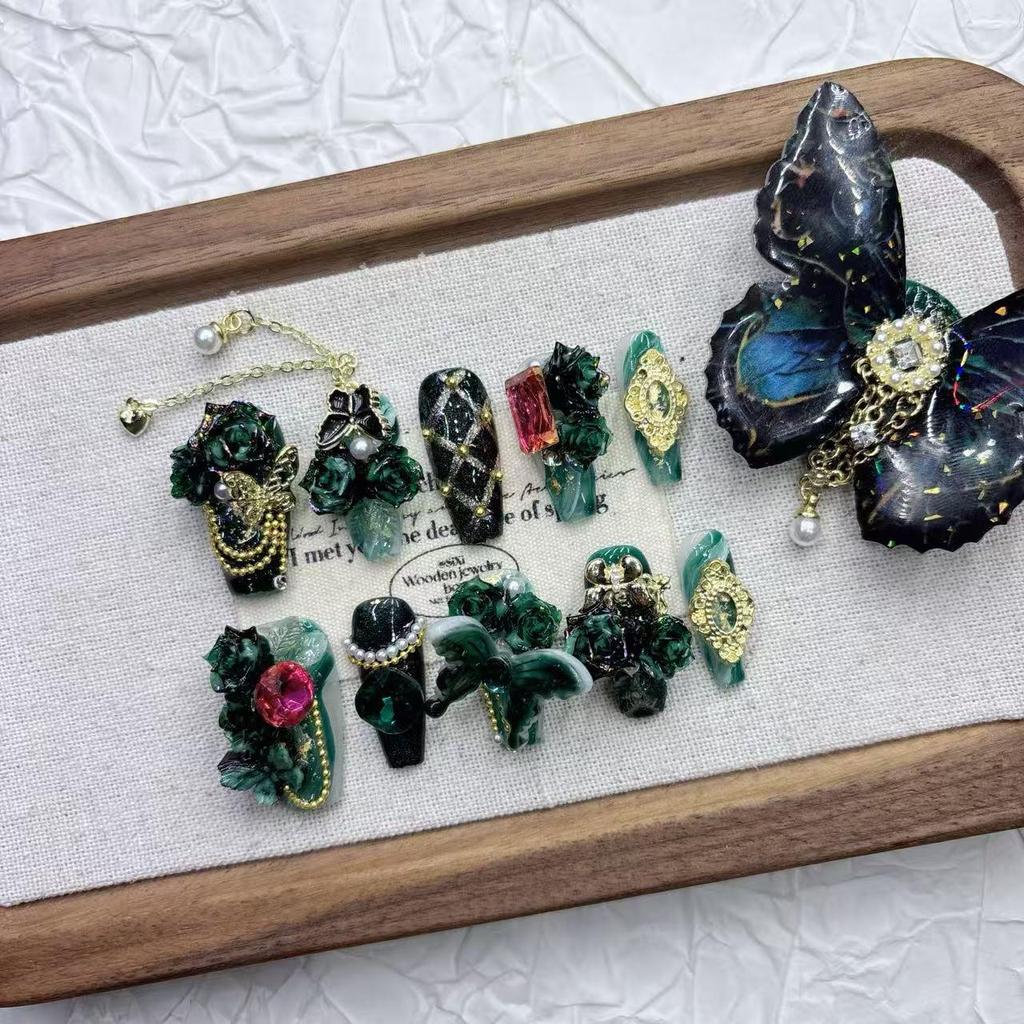 Exquisite Fairy-like Black & Green 11-Finger False Nails: Medium-Long, Pointed, Handmade, Beautiful Art
