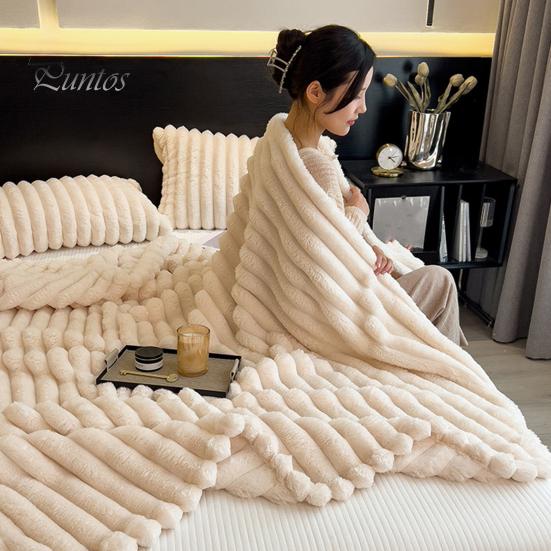 Plush Winter Throw Blanket Faux Rabbit Fur Cozy Fluffy Bubble Soft Warm Thick Furry for Couch Bed Living Room with Stitching