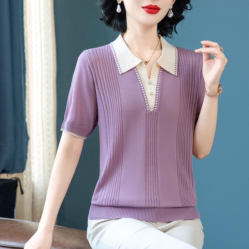 Ice Silk Knit Lapel Shirt - Summer 2026 Short Sleeve T-shirt for Stylish Middle-aged & Elderly Women XL (recommended 100-110 lbs) фиолетовый