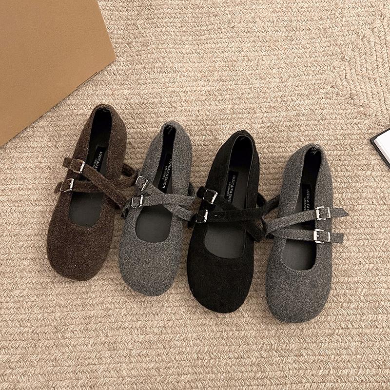 Square Toe Fleece Flet Ballet Flats Woman Winter Warm Wool Mary Jane Shoes Ladies Brand Design Elegant Plush Loafers