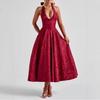 2026 Women's Exquisite Jacquard Halter Deep V High Waist A-line Dress