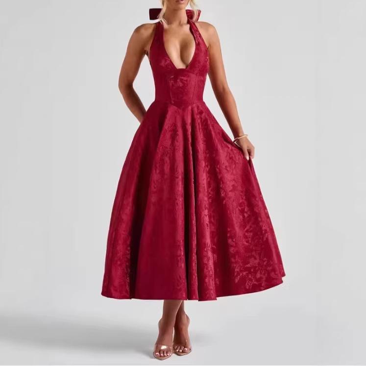 2026 Women's Exquisite Jacquard Halter Deep V High Waist A-line Dress