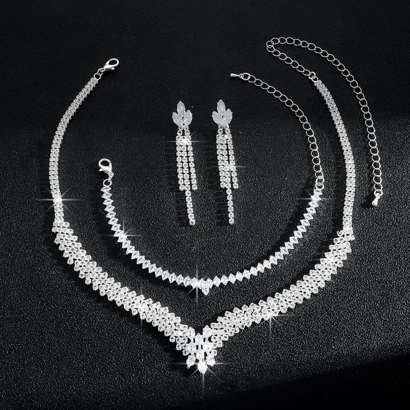 Elegant Bridal Jewelry Set with Rhinestone V-Necklace, Earrings, and Bracelet