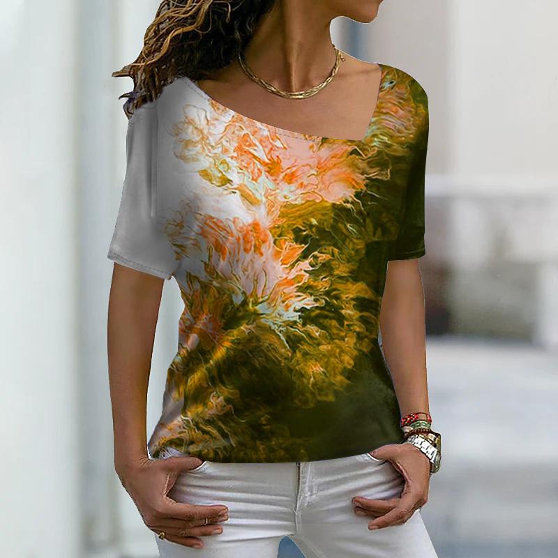Women's Fashion  Printed Theme Abstract Geometric T Shirt V Neck Basic Tops Plus Size Shirt  Tops Summer   XS-8XL
