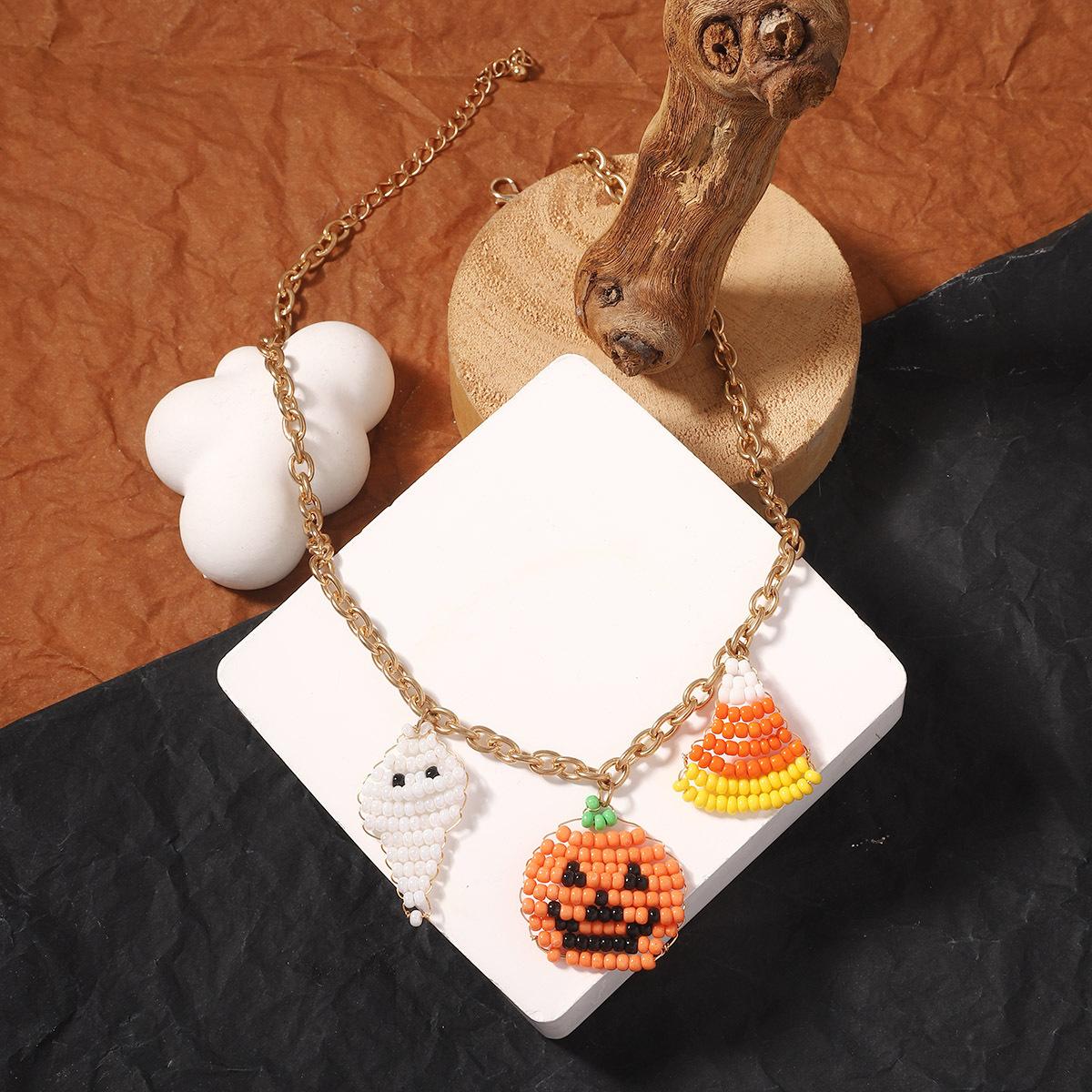 New Halloween handmade beaded rice bead pumpkin ghost necklace, niche personality trend versatile model