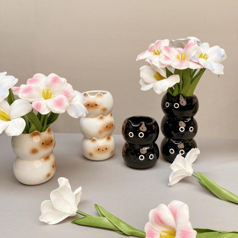 Handmade Cartoon Cat Decorative Flower Arrangement Living Room Floral Art Unique Ceramic Cute Home Decorations