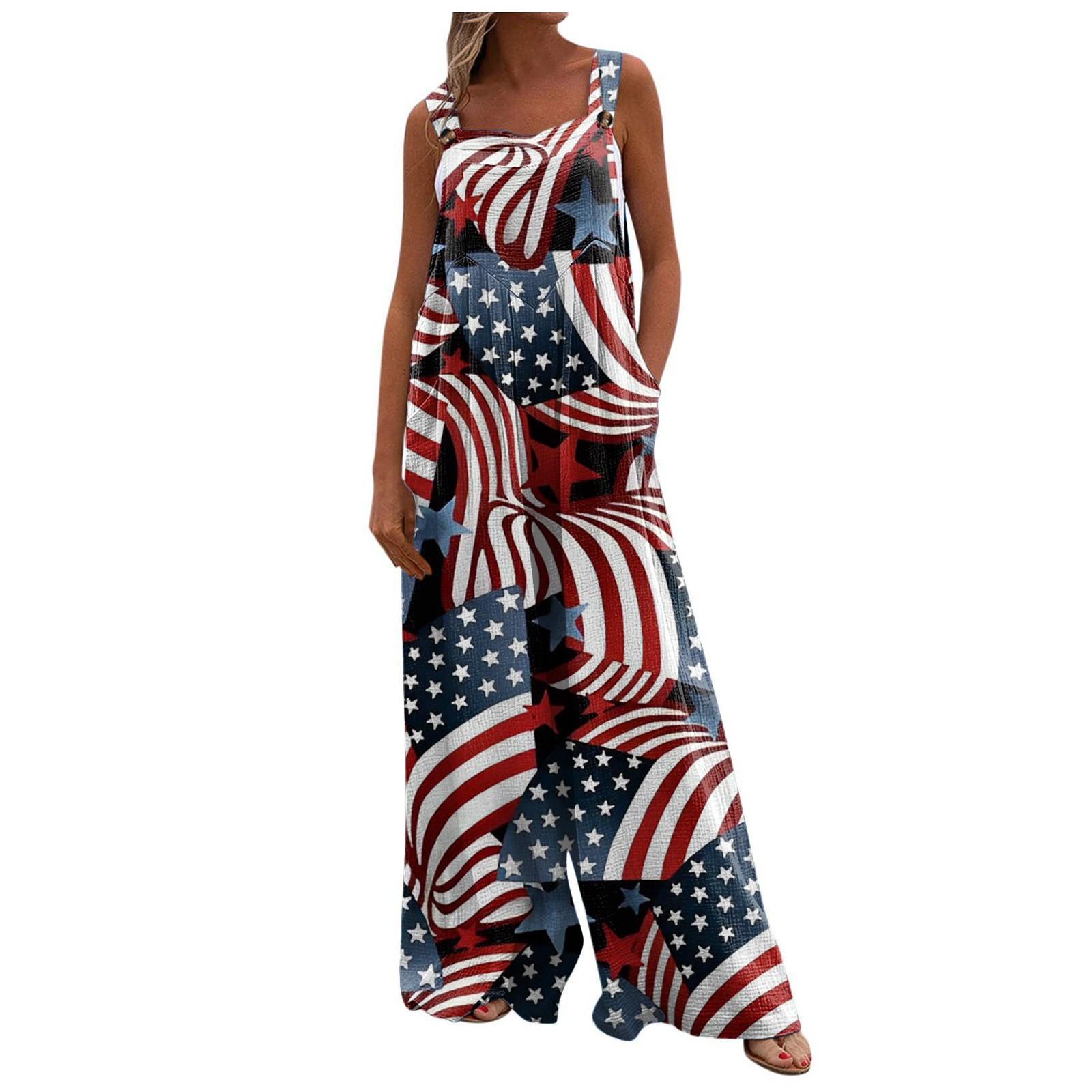 

Женский модный комбинезон с принтом на День независимости, длинные брюки, повседневный комбинезон с карманом и нерегулируемым ремнем XL красный
