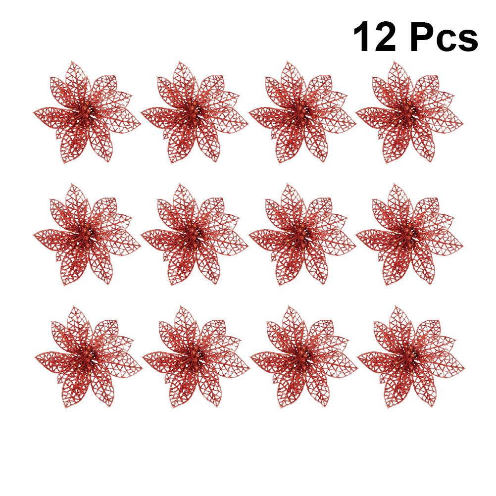 10pcs Christmas Glitter Poinsettia Flowers Tree naments Flower Artificial Decoration Tree nament Xmas Party Supplies