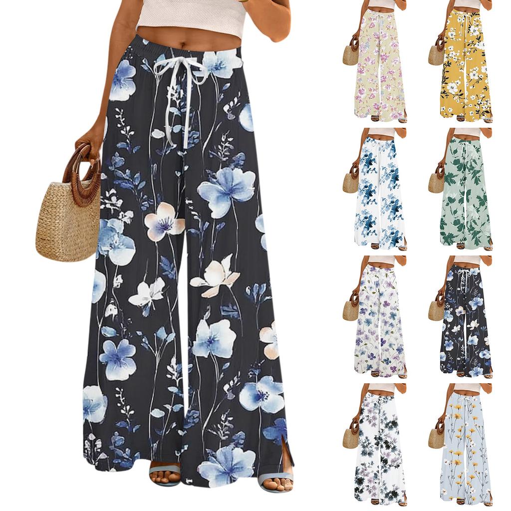 Women's Casual Wide Leg Pants Stretch Belt Pocket Floral Print Adjustable Tie Pants